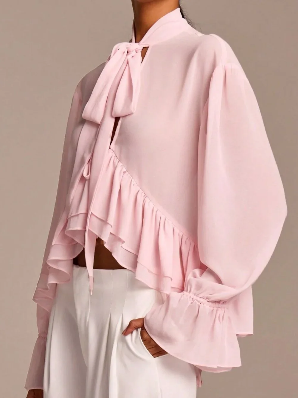 Baby Pink Bohemian Women's Elegant Ruffled Long Sleeve Blouse - Picture 6 of 6